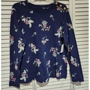 Croft & Barrow Womens Navy Blue Floral Gold Button Shoulder Shirt Size M